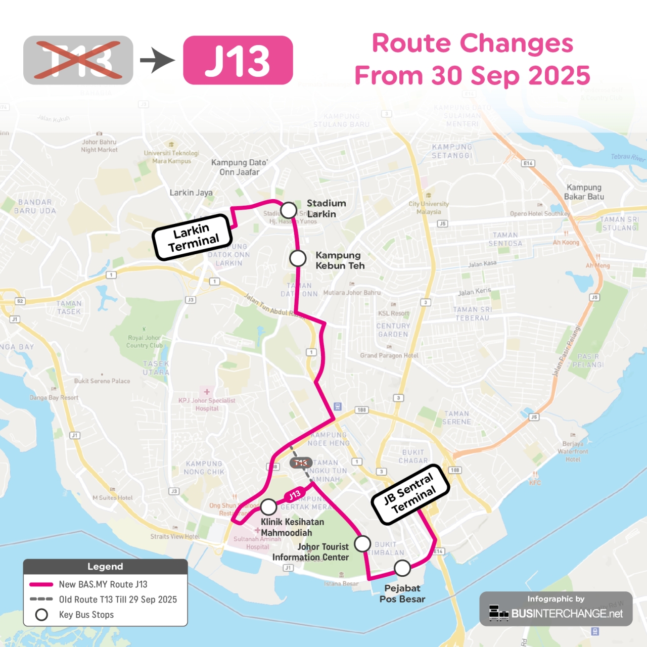BAS.MY Johor Bahru Route T13 amended routing from 30 September 2025.