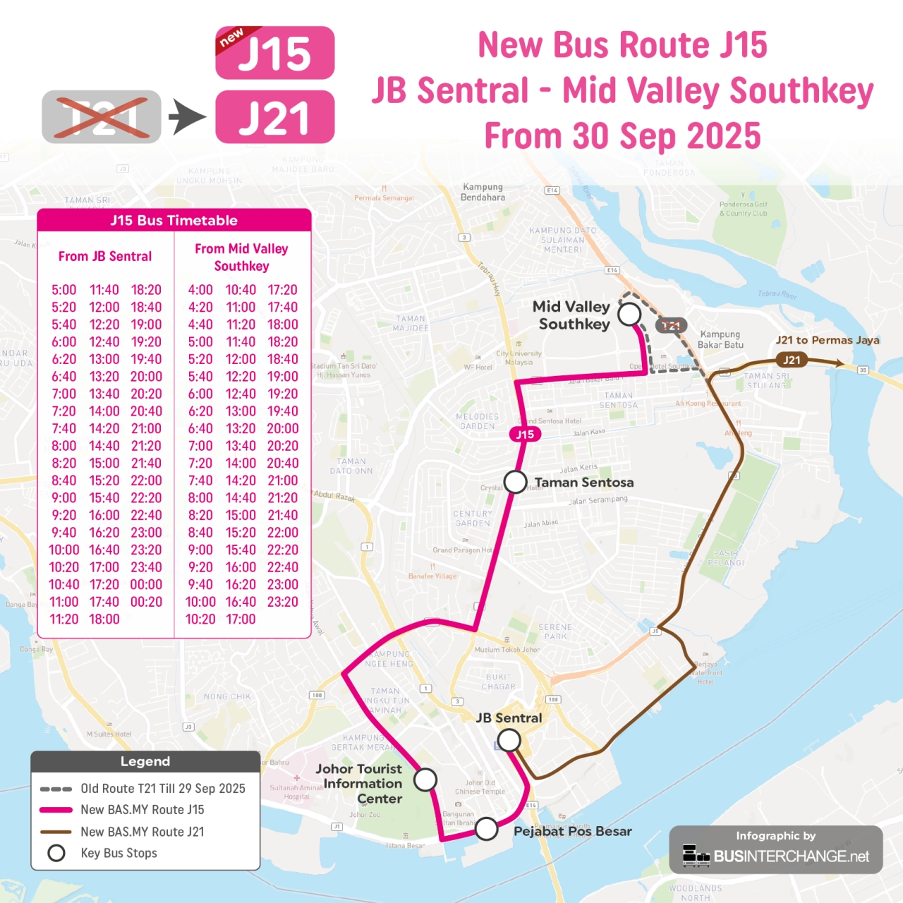 New BAS.MY Johor Bahru Route J15 will operate from JB Sentral to Mid Valley Southkey starting 30 September 2025