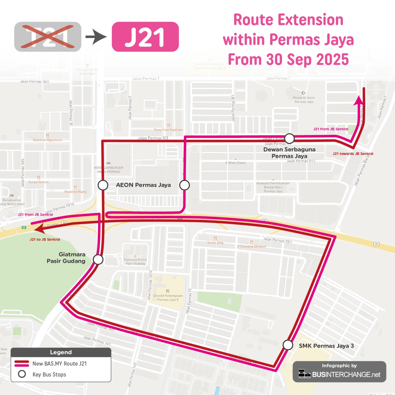 BAS.MY Johor Bahru Route J21 will extend to serve the southern part of Permas Jaya starting 30 September 2025