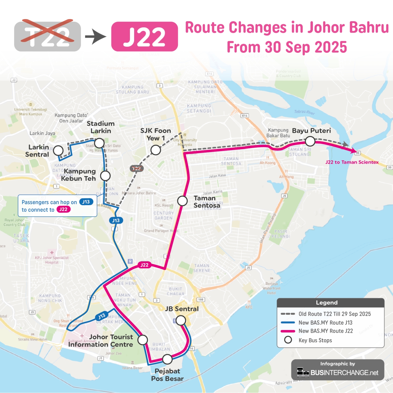 BAS.MY Johor Bahru Route J22 to change to start from JB Sentral from 30 September 2025