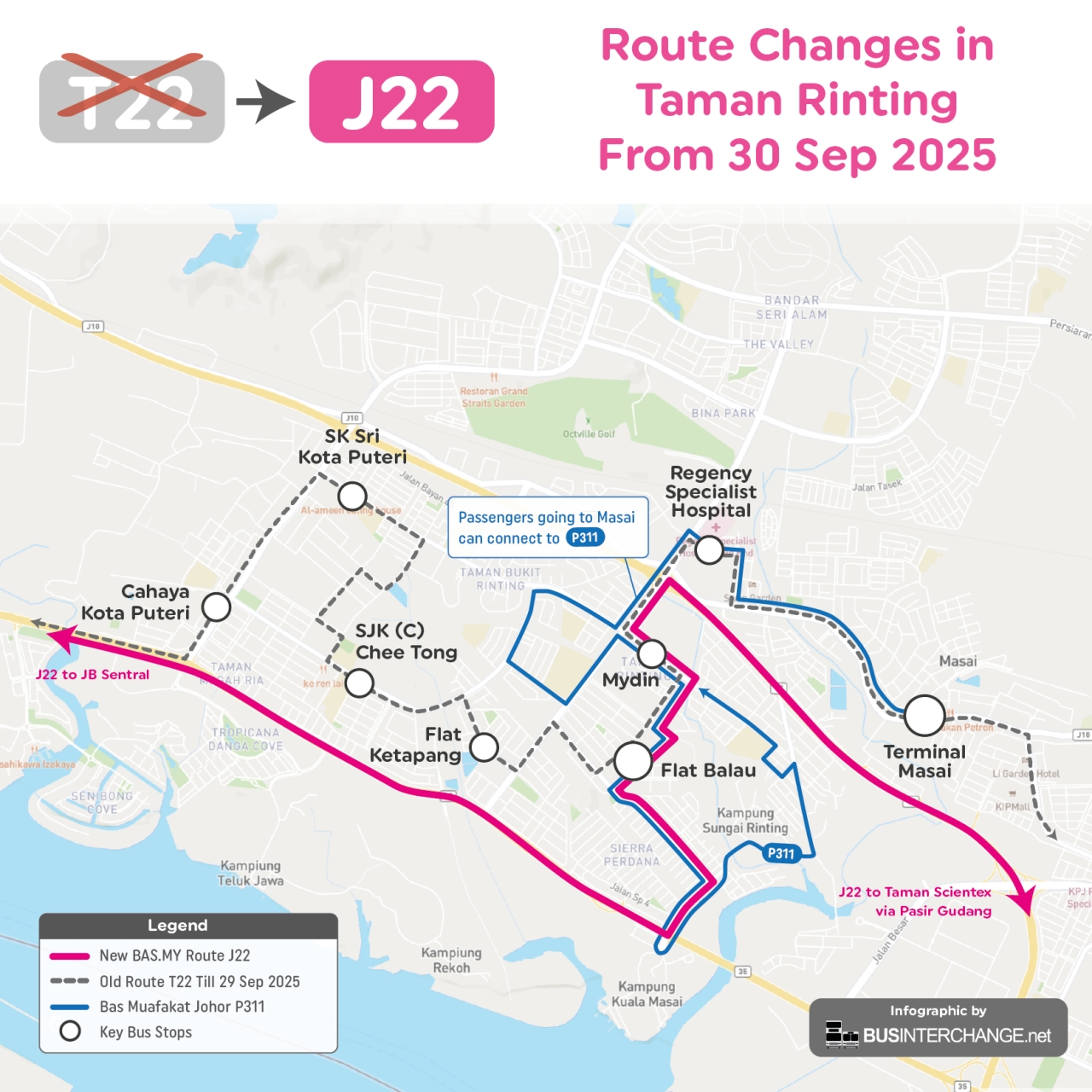 From 30 Sep 2025, BAS.MY Johor Bahru Route J22 amendment in Taman Rinting and Masai area will create new public transport connection to the city.