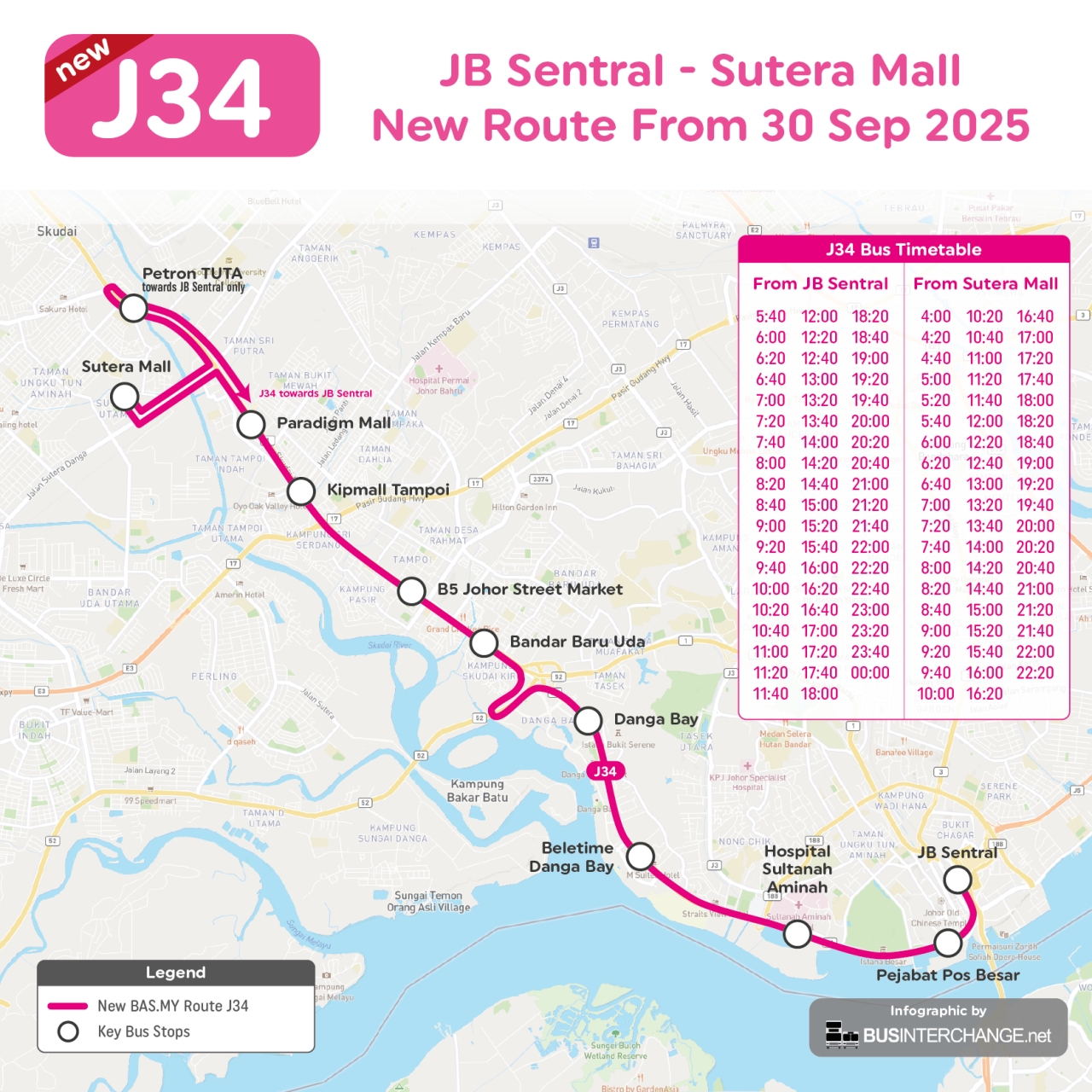 New BAS.MY Johor Bahru Route J34 will operate from JB Sentral to Sutera Mall starting 30 September 2025