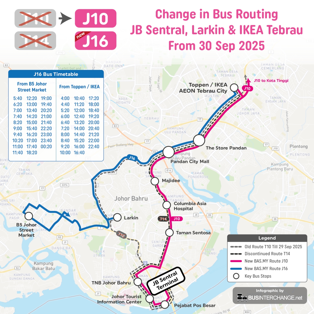 BAS.MY Johor Bahru Route J10 extends to serve Toppen / IKEA Tebrau and skip Taman Perindustrian Tampoi Jaya and Larkin from 30 September 2025