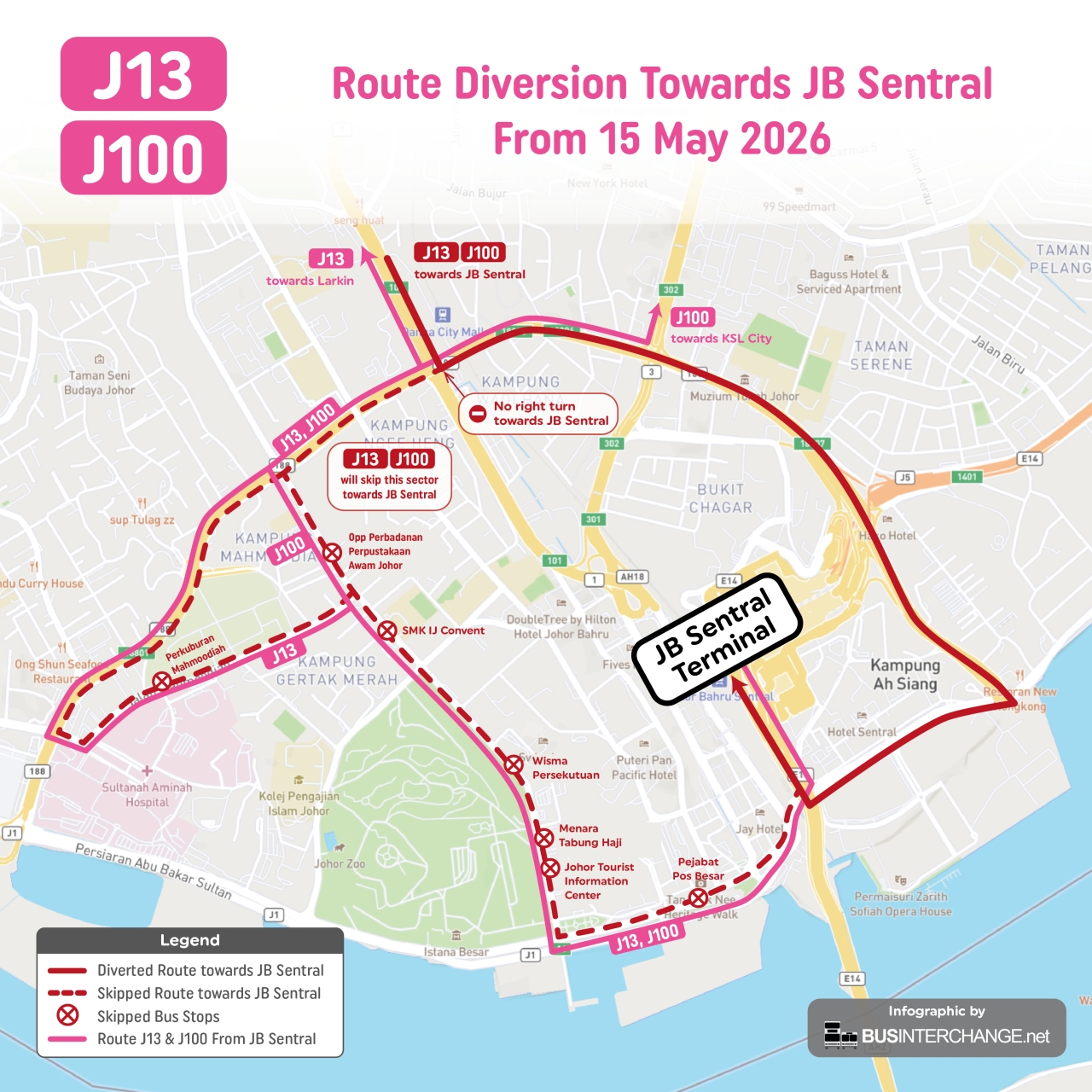BAS.MY Johor Bahru J13 and J100 are diverted due to a road closure when it is travelling towards JB Sentral.