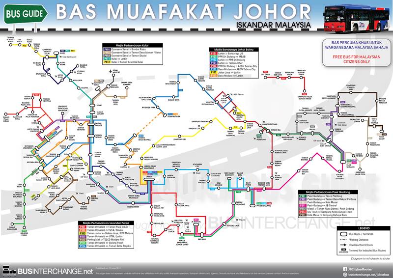 Overall route map for Bas Muafakat Johor Bus Services in Johor Bahru