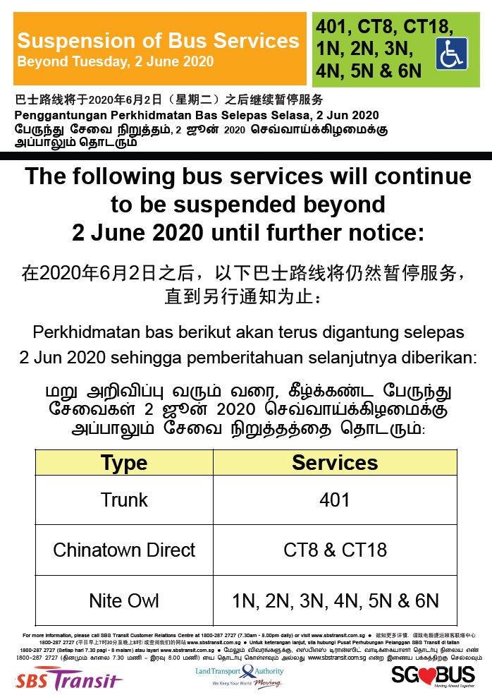 Official announcement from SBS Transit on temporary suspension of selected bus services until further notice.
